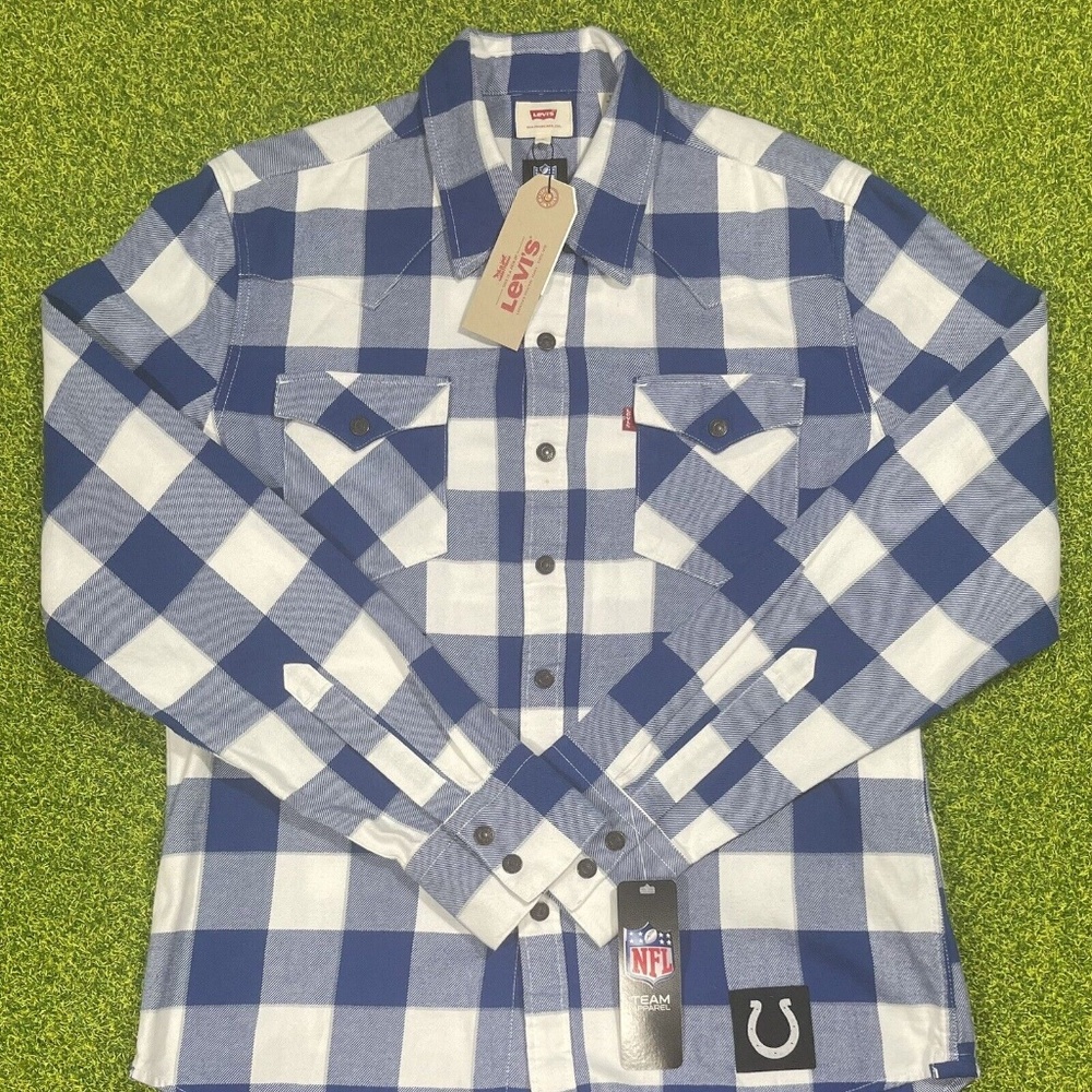 Levi’s NFL Indianapolis Colts Size Small Plaid Cotton Shirt Blue White 211980038